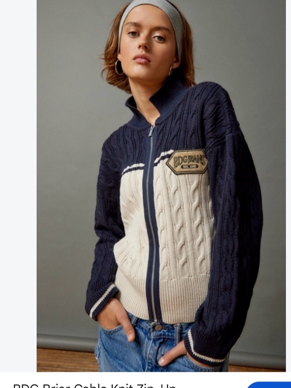 BDG Navy and Cream Cable-Knit Zip-Up Cardigan Jacket
